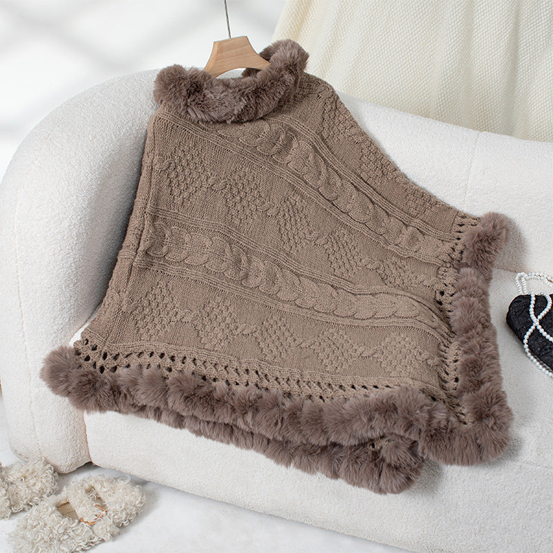 Damen kuscheliger Strickponcho mit samtigem Fellbesatz EB
