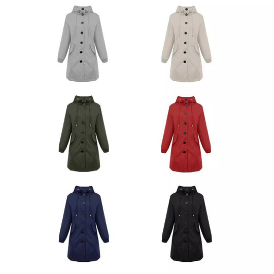 Damen nan leichter Regenparka mit Kapuze, überlanger Knopfleiste, Tunnelzug und aufgesetzten Taschen EB