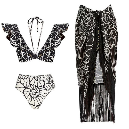 Damen Bikiniset mit voluminösen Rüschen und Hoher Taille EB