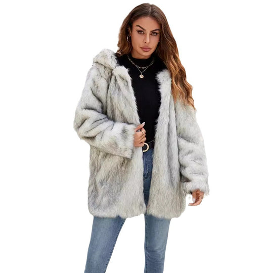 Damen Kuschelige Kunstpelzjacke mit Kapuze und Ohren EB