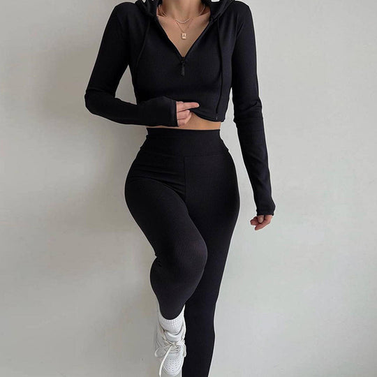 Damen figurnahes Rippjersey-Halbzip-Set mit tailliertem Longsleeve und High-Waist-Leggings EB