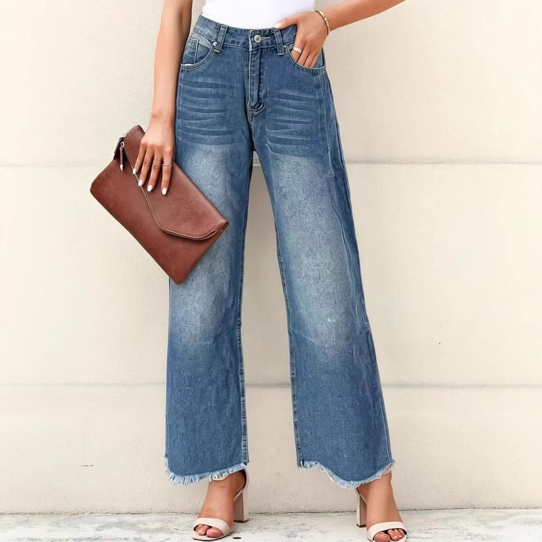 Damen weite Denim-Jeans mit kreativem Muster und fransigem Saum EB