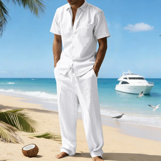 Herren nan resort-taugliches Kurzarm-Hemd mit Brusttasche und lässiger Leinen-Kordelhose EB