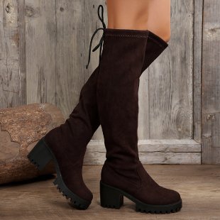 Damen Überknee-Stiefel mit modischem Leopardenmuster und robustem Blockabsatz EB
