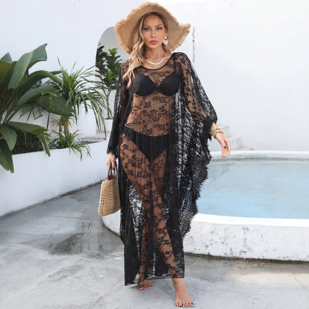 Damen transparenter Häkel-Kaftan EB