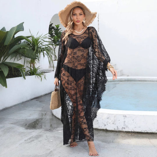 Damen transparenter Häkel-Kaftan EB