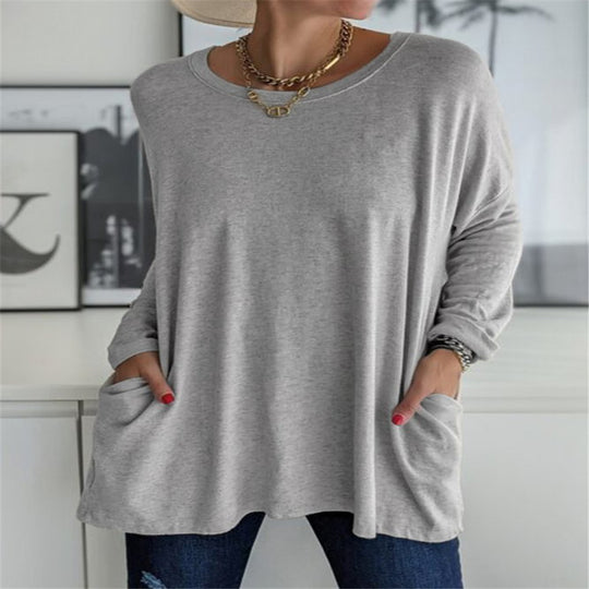 Damen nan oversized Longsleeve-Tunika mit Rundhalsausschnitt, überschnittener Schulter und aufgesetzten Taschen EB