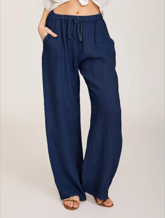 Damen nan luftige Palazzo-Hose mit Tunnelzugbund, elastischem Taillenabschluss und seitlichen Eingrifftaschen EB