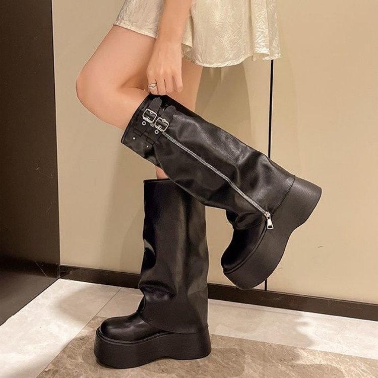 Damen Modische Stiefel mit verstellbarem Riemen und hohem Plateau EB