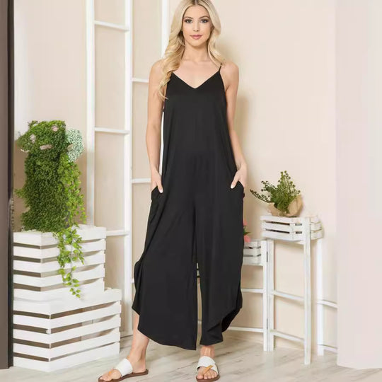 Damen luftiger Jumpsuit mit Taschen und langem Schnitt EB