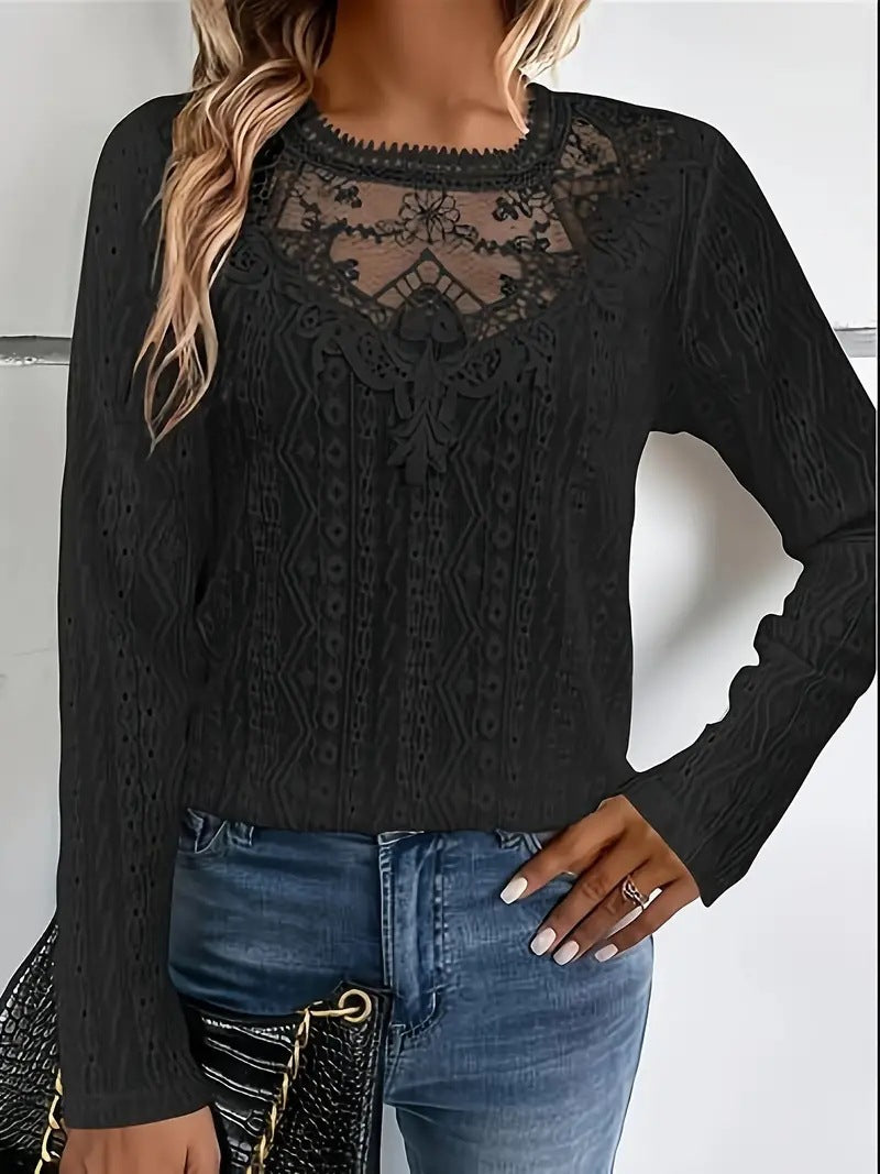 Damen elegante Bluse mit Spitzeneinsätzen und detailliertem Lochmuster EB