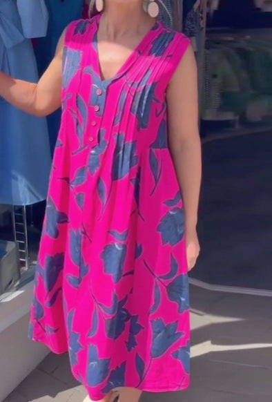 Damen nan lässiges V-Ausschnitt-Midikleid mit Brustpasse, senkrechten Falten und dekorativer Knopfleiste EB