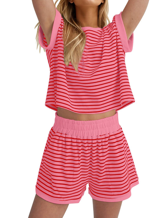 Damen Lässiges gestreiftes Set aus lockerer Oberteil und Shorts EB