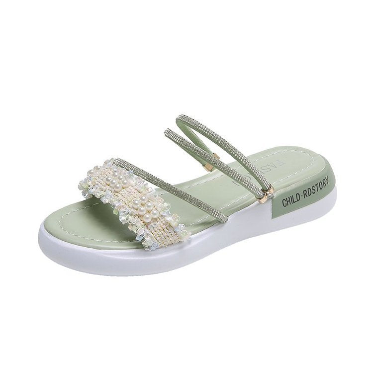 Damen modische Riemchen-Sandalen mit Perlenschmuck und gepolsterter Sohle EB