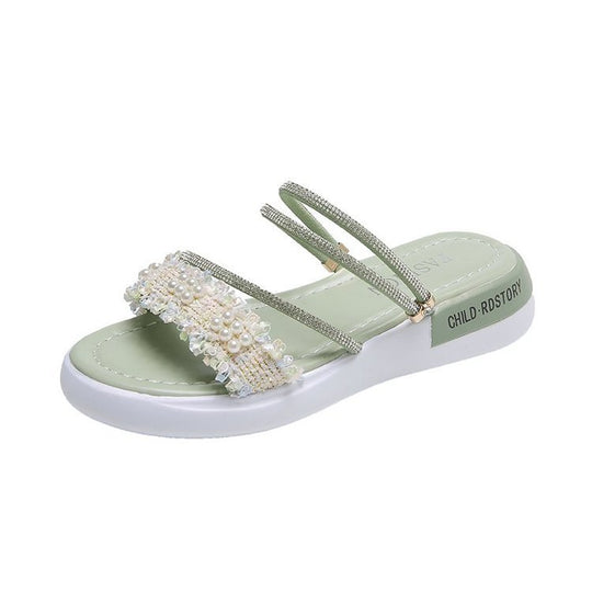 Damen modische Riemchen-Sandalen mit Perlenschmuck und gepolsterter Sohle EB
