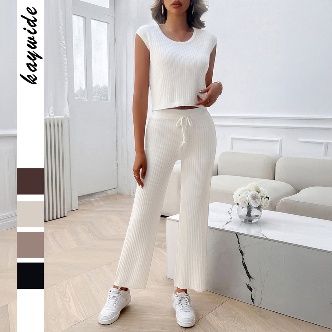 Damen Strick Zweiteiliges Set mit cropped Oberteil und weiter Hose EB