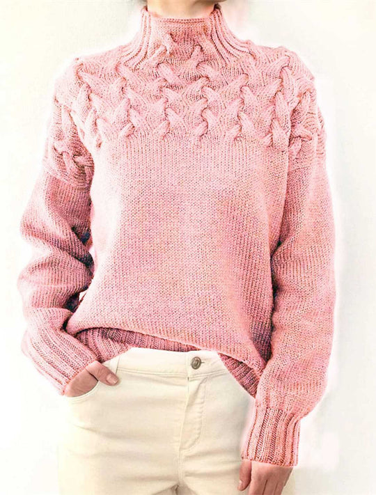 Damen Grobstrickpullover mit Stehkragen und Zopfmuster EB
