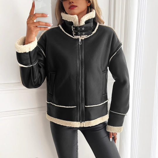 Damen stylische Kunstlederjacke mit Schaffellkragen EB