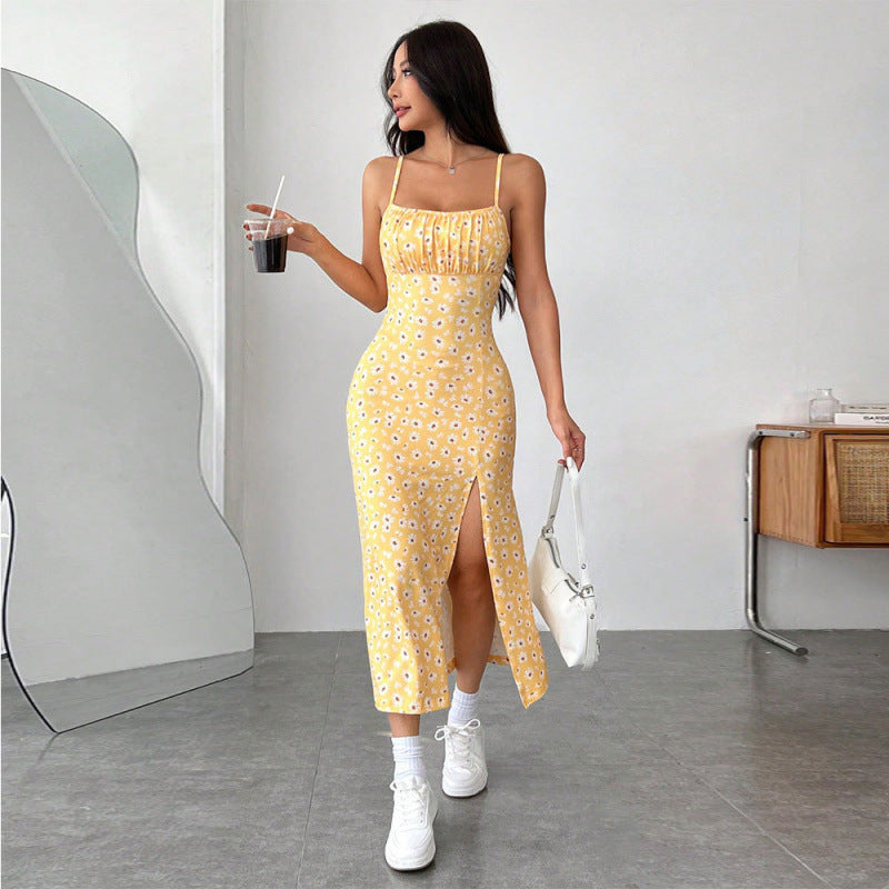 Damen Blumenkleid mit Spaghettiträgern und seitlichem Schlitz EB