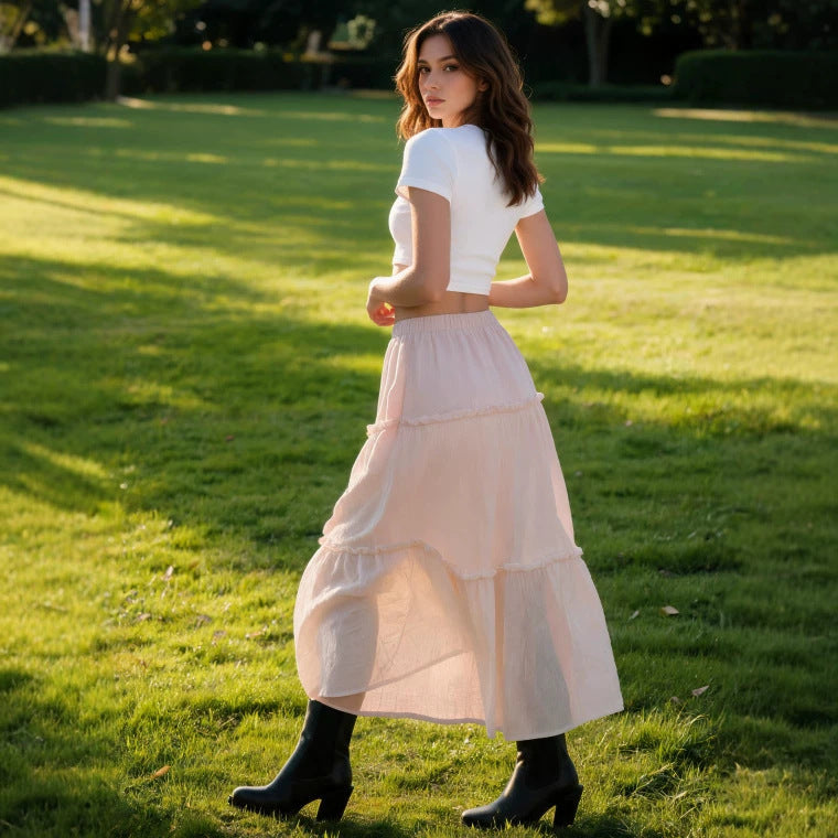 Damen Luftiger Stufenrock mit elastischem Bund und transparenter Chiffon‑Optik EB