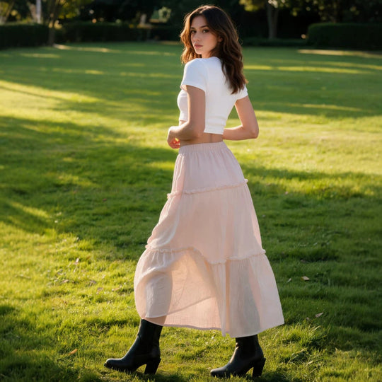 Damen Luftiger Stufenrock mit elastischem Bund und transparenter Chiffon‑Optik EB