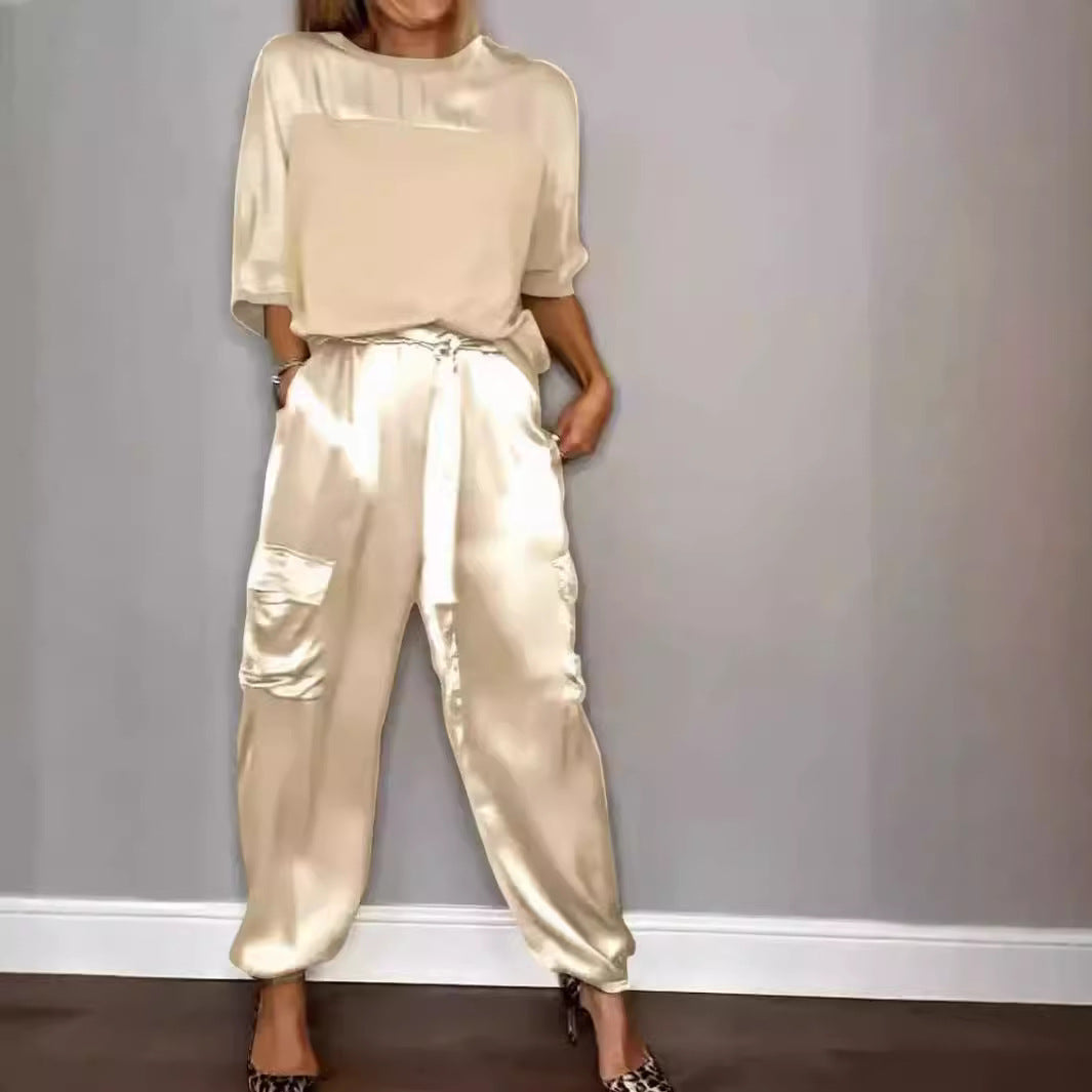 EB | Solide Farbe glatt Satin Top zweiteilige Set für Frauen