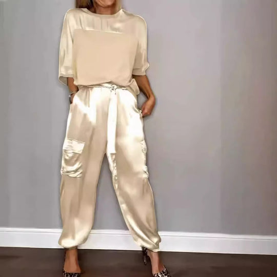 EB | Solide Farbe glatt Satin Top zweiteilige Set für Frauen