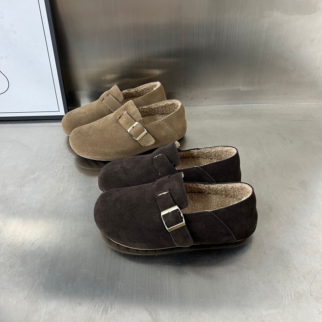 Damen Bequeme und warme Hausschuhe aus hochwertigem Wildleder mit ergonomischem Fußbett EB