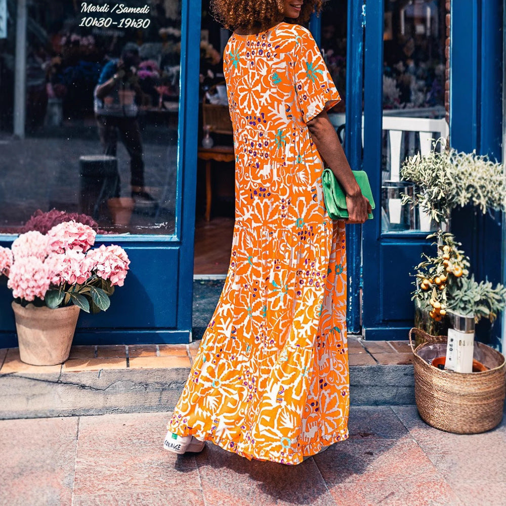 Damen Maxikleid mit weit schwingendem Saum und modernem Floralprint Heidi-Mode