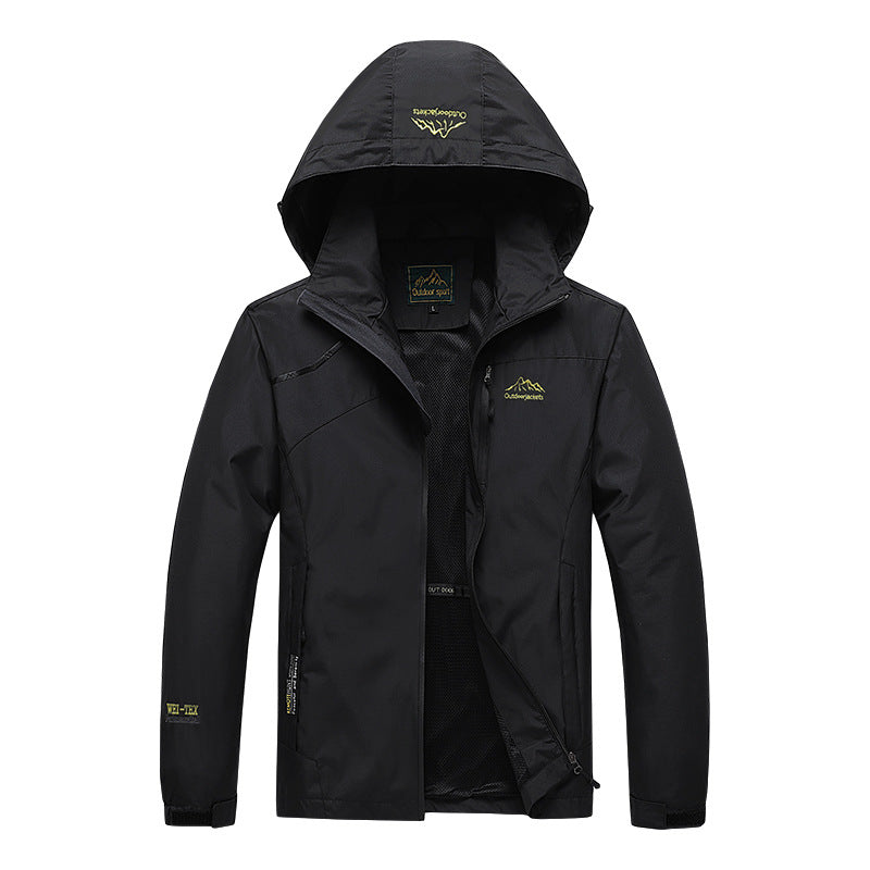 Herren atmungsaktive Softshell-Trekkingjacke mit verstaubarer Kapuze, Netzfutter und multifunktionalen Reißverschlusstaschen EB