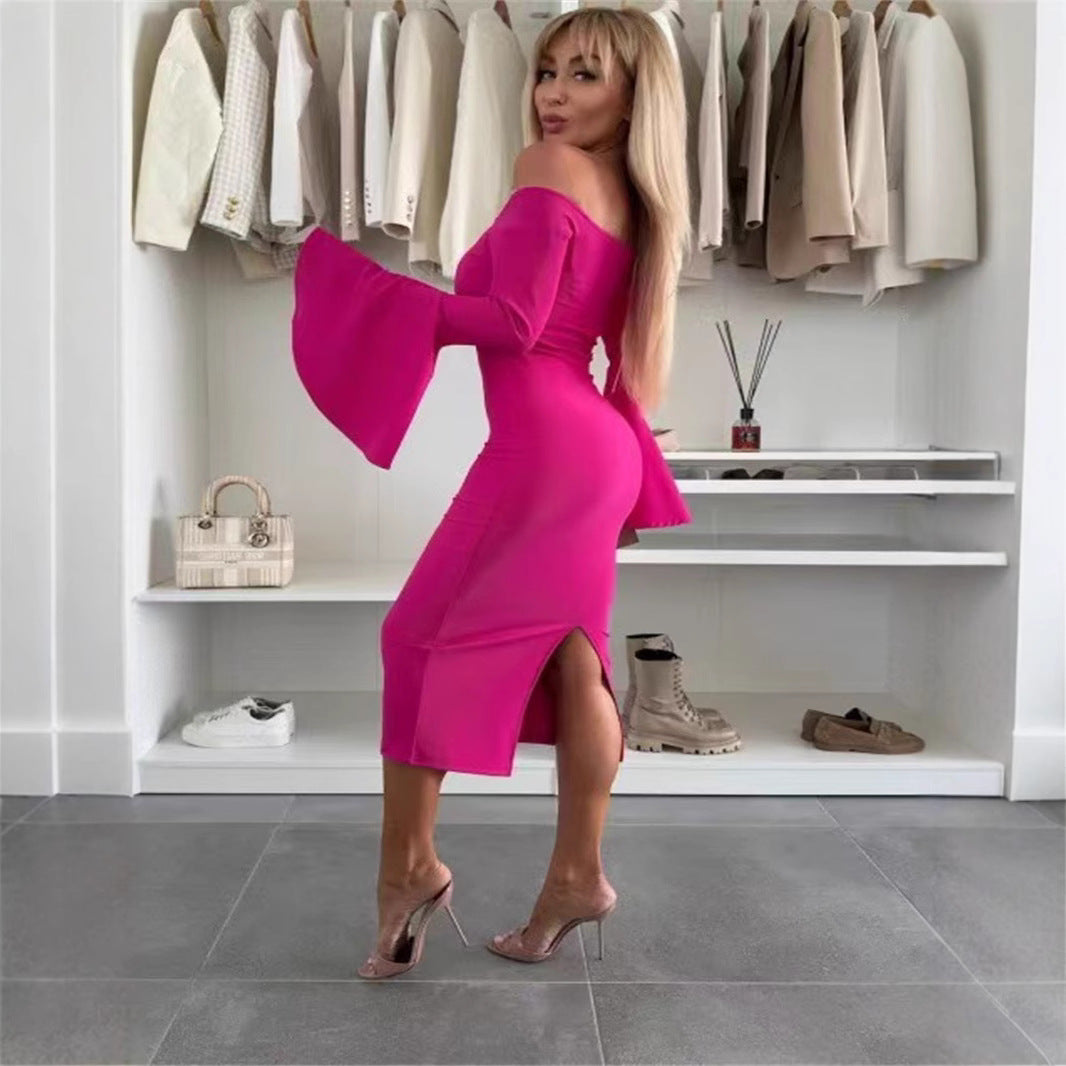 Damen Off-Shoulder-Minikleid mit voluminösen Ärmeln und elegantem Schlitz EB