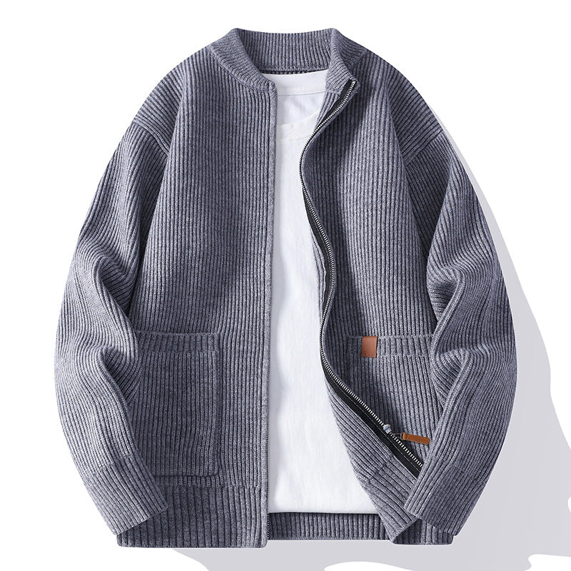 Herren nan gerippte Strickjacke mit durchgehendem Reißverschluss und aufgesetzten Taschen EB