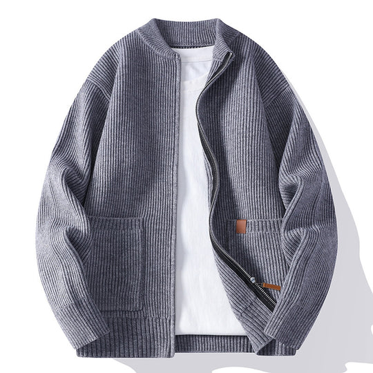 Herren nan gerippte Strickjacke mit durchgehendem Reißverschluss und aufgesetzten Taschen EB