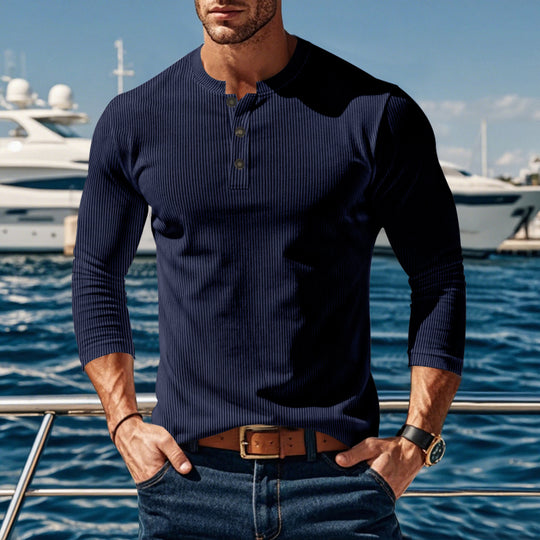 Herren Langarmshirt mit modischer Stehkragen und Knopfleiste EB