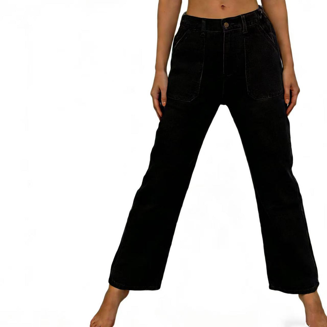 Damen nan hochgeschnittene Relaxed-Jeans mit geradem Bein und aufgesetzten Fronttaschen EB