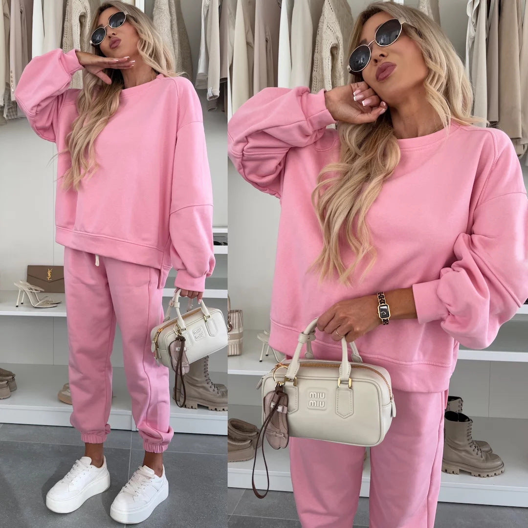 Damen Oversized Loungewear-Set aus weich angerautem Sweat mit Kordelzug-Jogginghose und relaxed Pullover EB