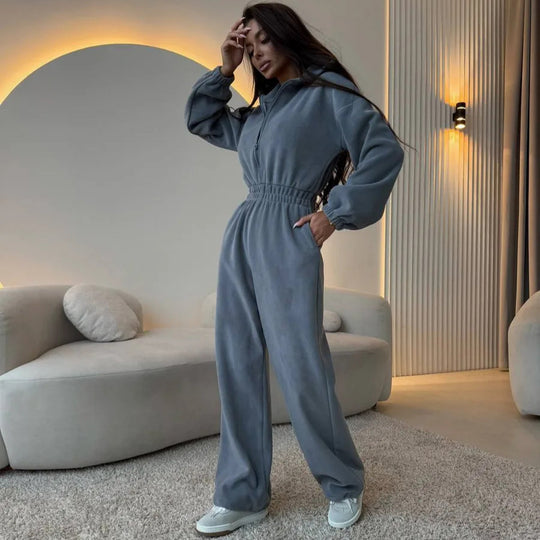 Damen Oversized Loungewear-Jumpsuit mit halbem Reißverschluss und elastischer Taillenraffung EB