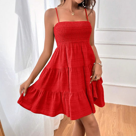 Damen trägerloses Sommerkleid mit elastischem Taillenband und voluminösem Rock EB