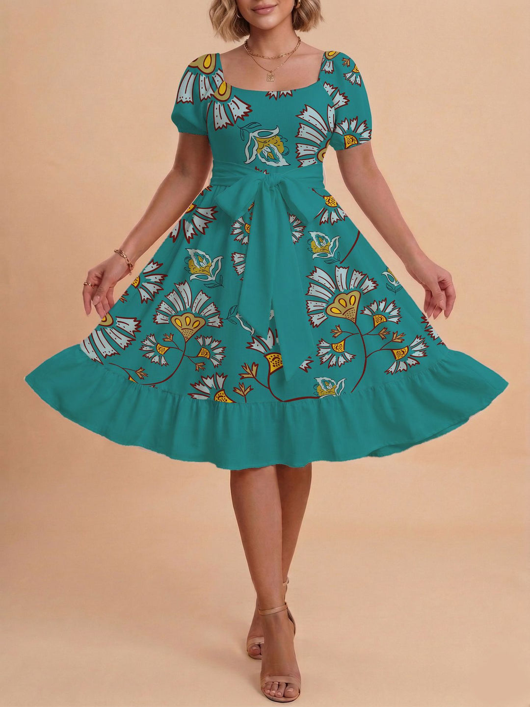 Damen Retro Maxikleid mit Puffärmeln und Taillengürtel EB