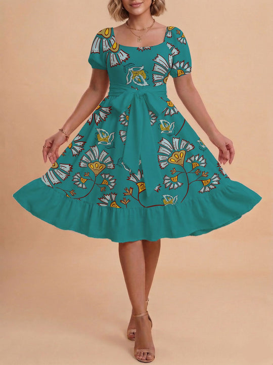 Damen Retro Maxikleid mit Puffärmeln und Taillengürtel EB