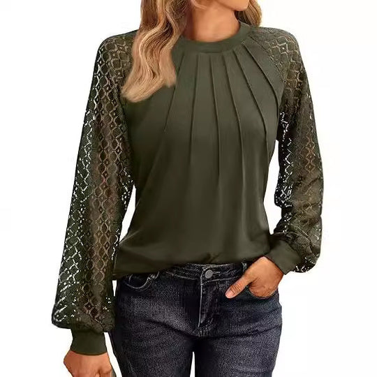 Damen Elegantes Oberteil mit dekorativen Spitzenärmeln und gerafftem Detail EB