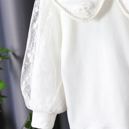 Damen Bluse mit dekorativen Blumenapplikationen und transparenten Puffärmeln EB