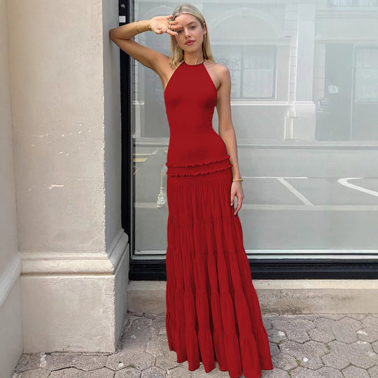 Damen Elegantes Spaghetti-Träger Maxikleid mit Rüschendetails EB