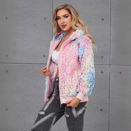 Damen Flauschige Kapuzenjacke mit glitzernden Akzenten EB