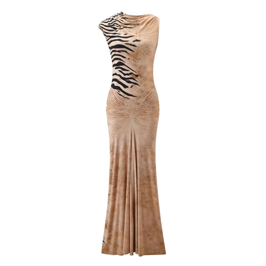 Damen Elegantes Maxikleid mit asymmetrischem Schnitt und Tiermotiv EB