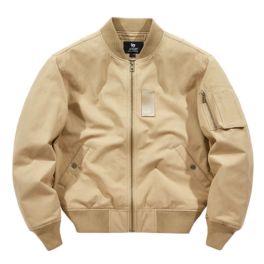 Men's  rugged cotton-twill flight bomber jacket with utility sleeve pocket and reinforced ribbed trims EB