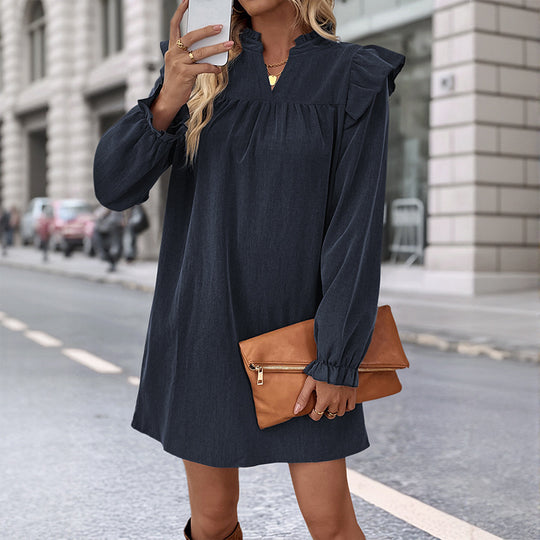 Damen Rüschen-A-Linien Kleid mit geraffter Brust und V-Ausschnitt EB