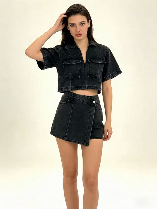 Damen modisches cropped Hemd mit aufgesetzten Taschen und lässigen Shorts EB