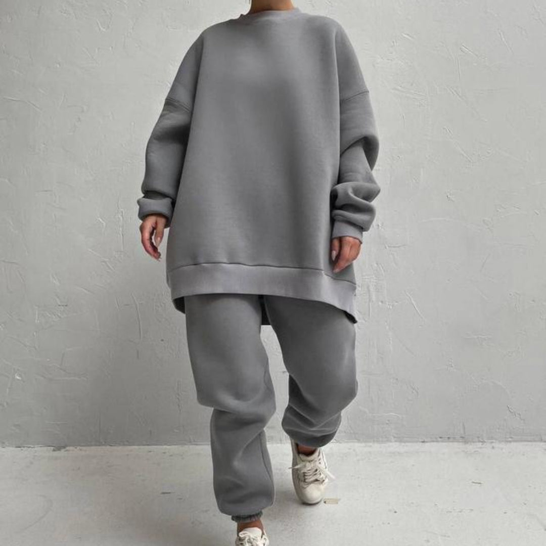 Damen Oversized Freizeit-Loungewear-Anzug mit hohem Kragen und elastischem Bund EB