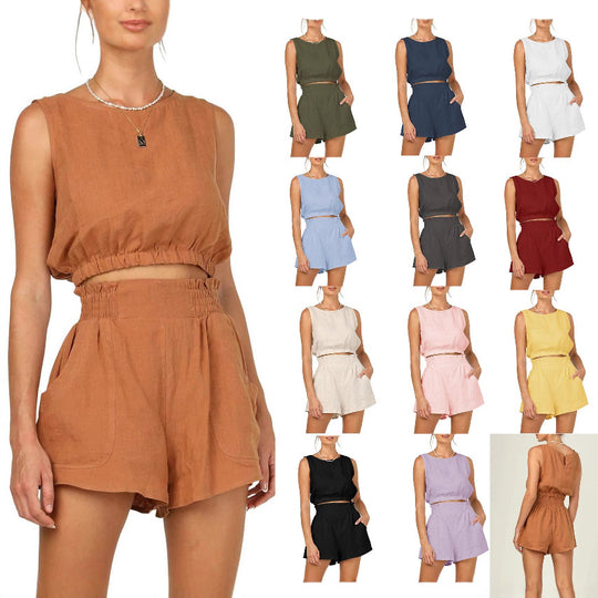 Damen lässiges Leinen-Oberteil mit hochgeschnürtem Saum und Shorts EB